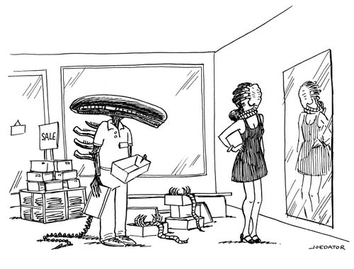 Alien sales clerk.