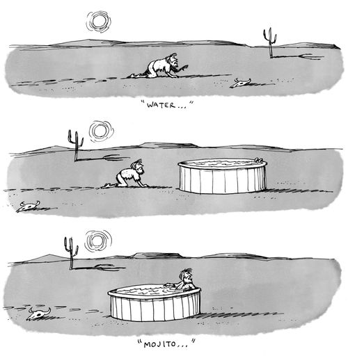 Man stranded in the desert comes across a hot tub.