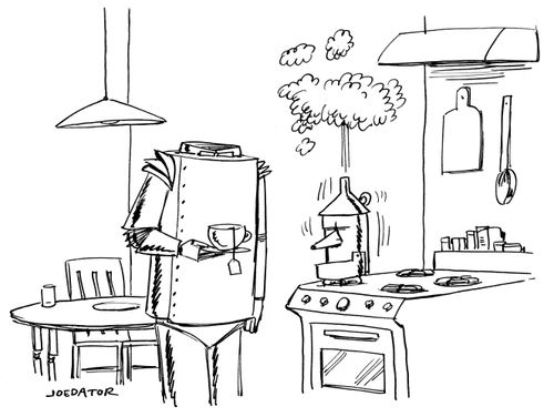Tin Man boiling water in his head on a stove.