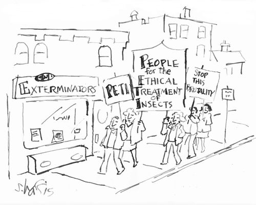 Protestors outside an exterminator shop.