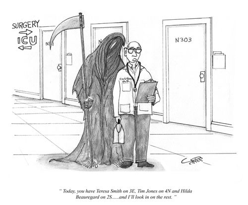 "Today, you have Teresa Smith on 3E, Tim Jones on 4N and Hilda Beauregard on 2S... and I'll look in the on the rest."
