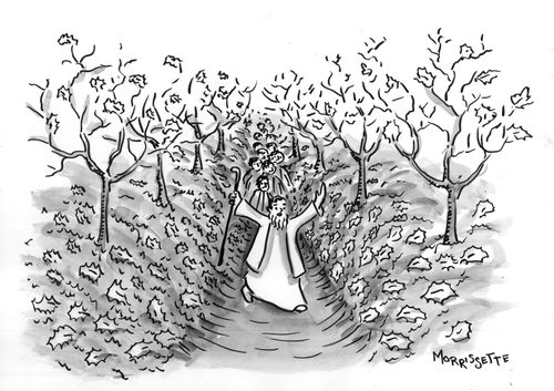 Moses parting leaves in a forest.