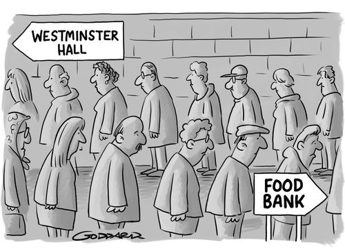 Queue to see Queen Elizabeth II lying in state and queue for food bank.