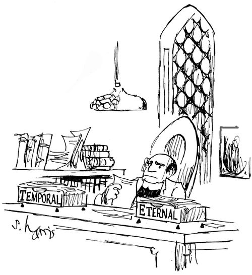 A priest with inboxes marked 'Temporal' and 'Eternal'
