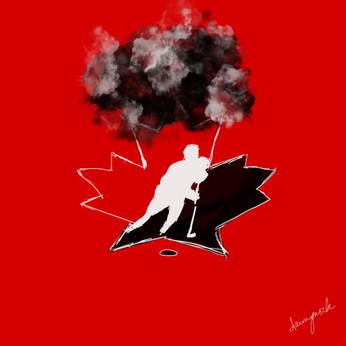 A hockey player with a dark cloud over their head