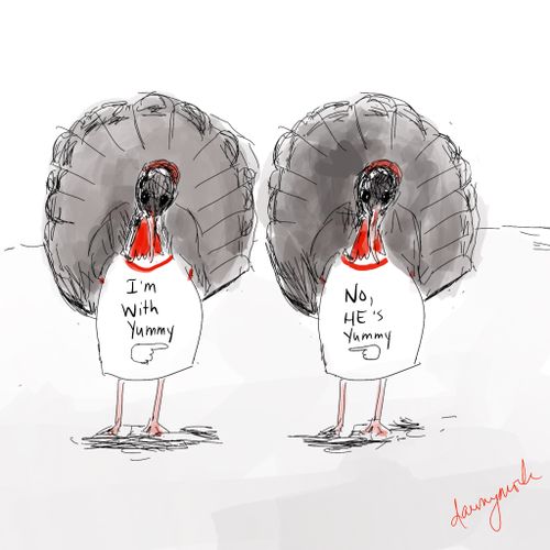 Turkeys wearing top saying 'I'm with yummy'.