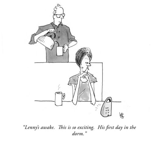"Lenny's awake. This is so exciting. His first day in the dorm."