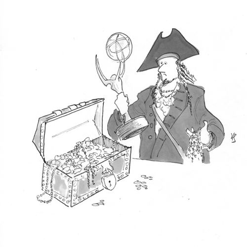 A pirate finding a trophy in a treasure chest