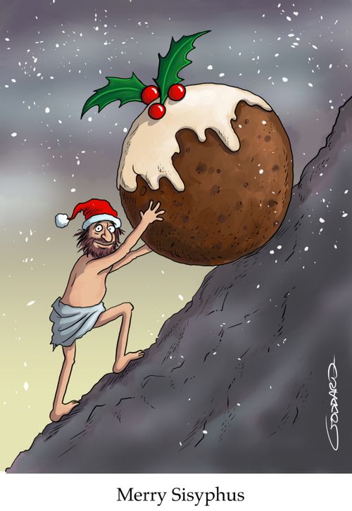 Merry Sisyphus - Christmas pudding being pushed up a mountain.