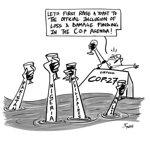 "Let's first raise a toast to the official inclusion of loss & damage funding in the C.D.P. agenda!"