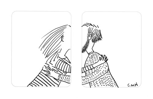 Two portraits kissing each other