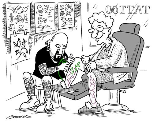 An old lady has her varicose veins tattooed to look like plants