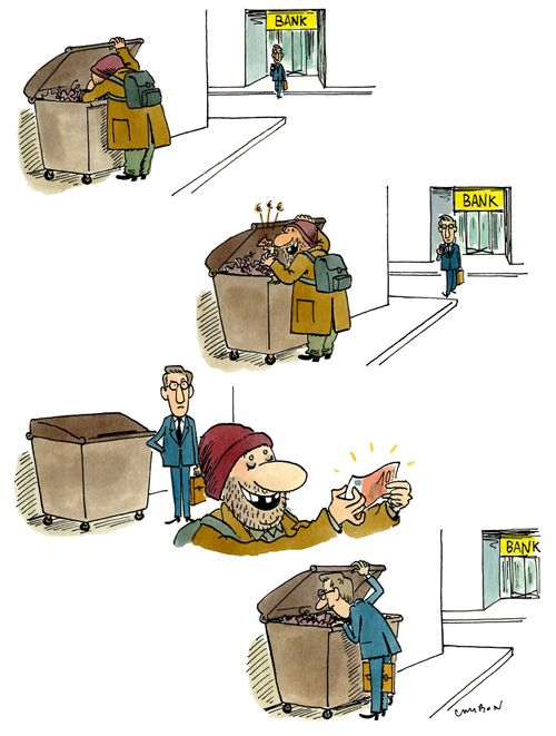 A homeless man finding €10 outside of a bank