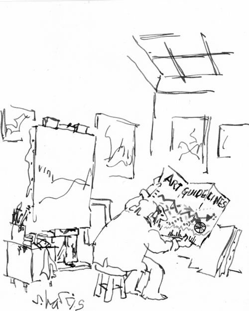 Man trying to paint a landscape reading 'art guidelines'.