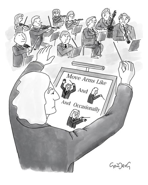 Someone being taught how to conduct an orchestra.