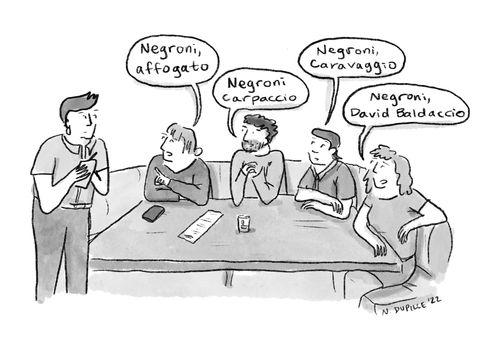 People ordering 4 types of Negroni in a restaurant.