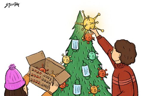 Someone putting parasite ornaments on a tree.