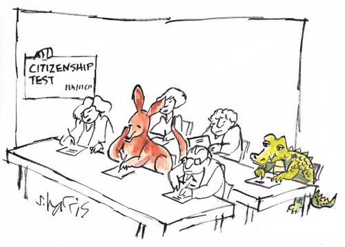 Kangeroo and crocodile doing citizenship tests.