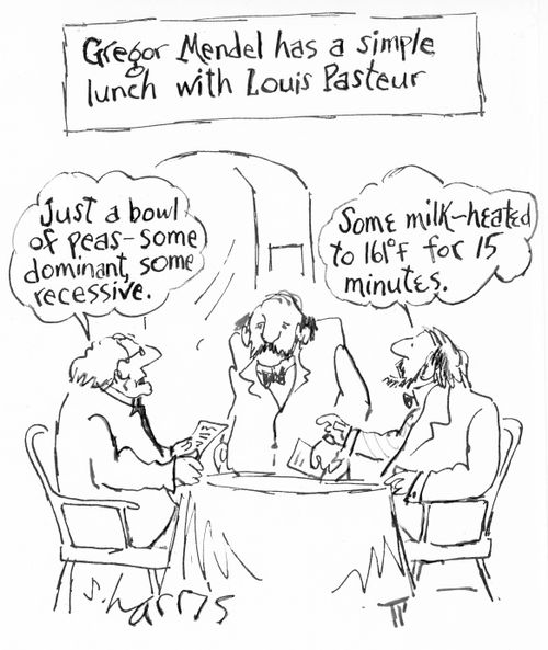 Gregor Mendel has a simple lunch with Louis Pasteur