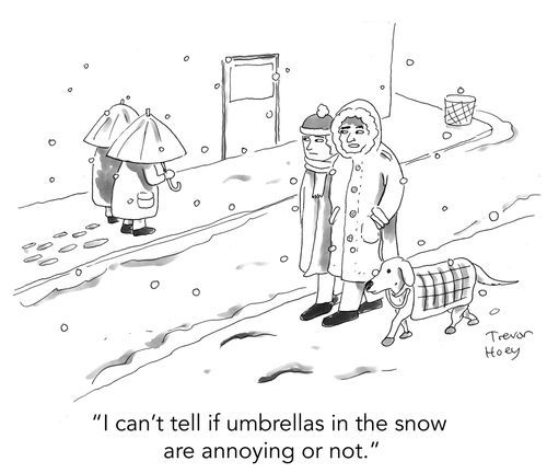 "I can't tell if umbrellas in the snow are annoying or not."