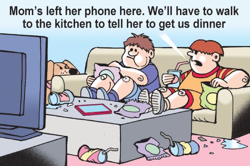 "Mom's left her phone here. We'll have to walk to the kitchen to tell her to get us dinner."