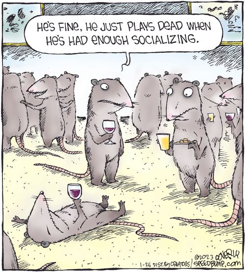 "He's fine, he just plays dead when he's had enough socializing."