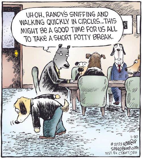 "Uh-oh, Randy's sniffing and walking quickly in circles...This might be a good time for us all to take a short potty break."