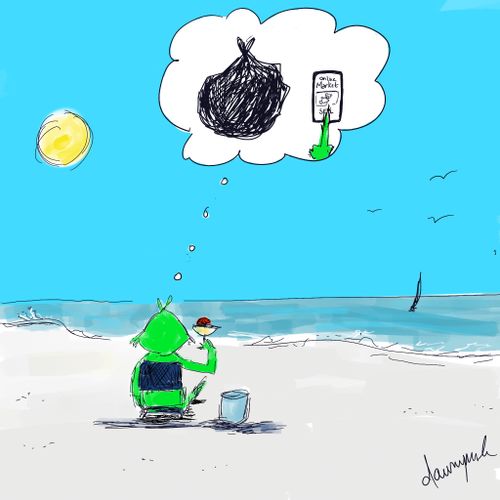 A green man sitting on a beach imagining selling toys online