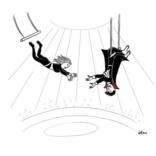 A trapeze artist jumping into the arms of a vampire