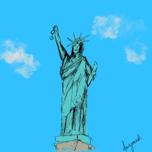 The Statue of Liberty holding up a pair of handcuffs