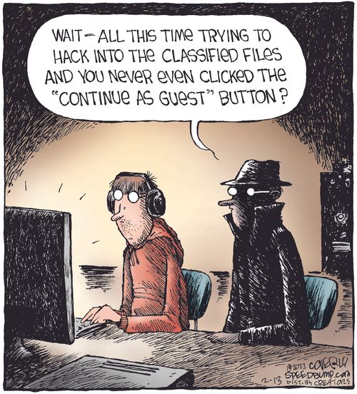 "Wait - all this time trying to hack into the classified files and you never even clicked the 'continue as guest' button?"