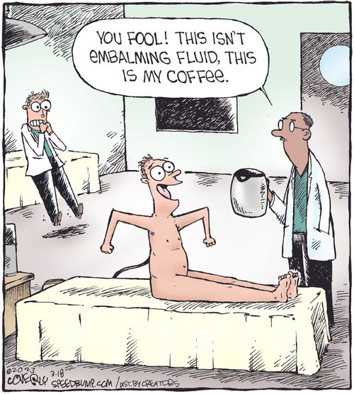 "You fool! This isn't embalming fluid, this is my coffee."