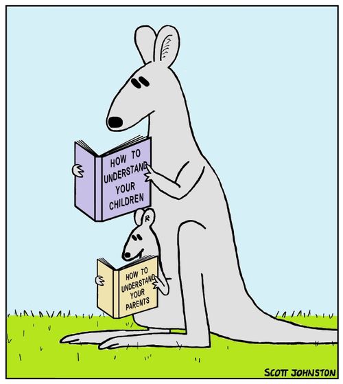 A kangeroo and it's baby read books about understanding each other.