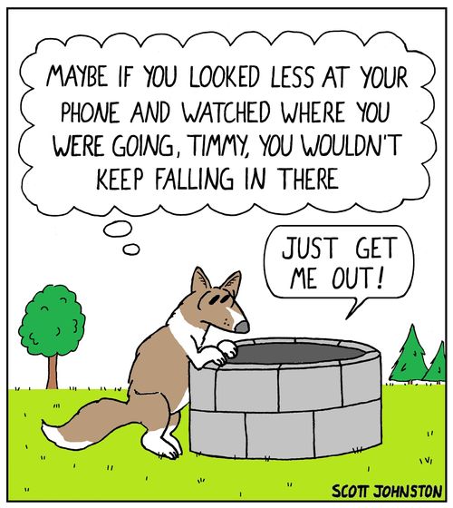 "Maybe if you looked less at your phone and watched where you were going, Timmy, you wouldn't keep falling in there."