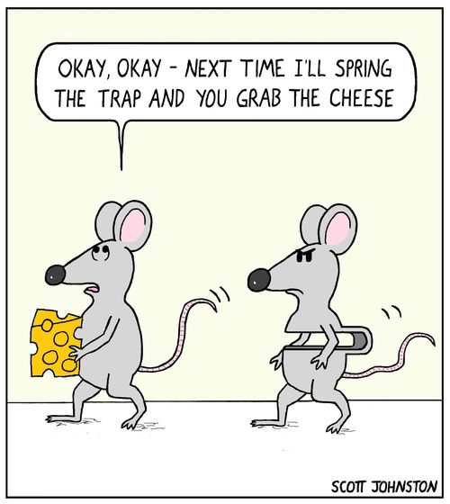 "Okay, okay - next time I'll spring the trap and you grab the cheese."