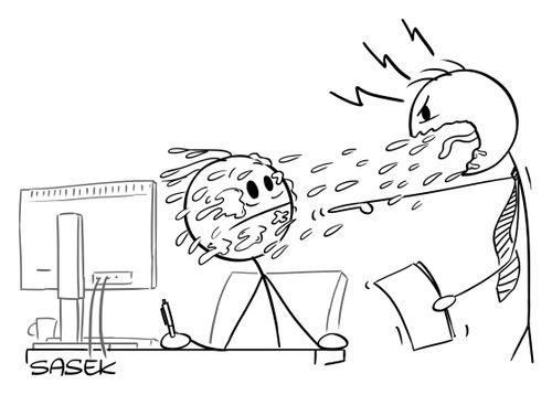 The boss yelling at the office worker.
