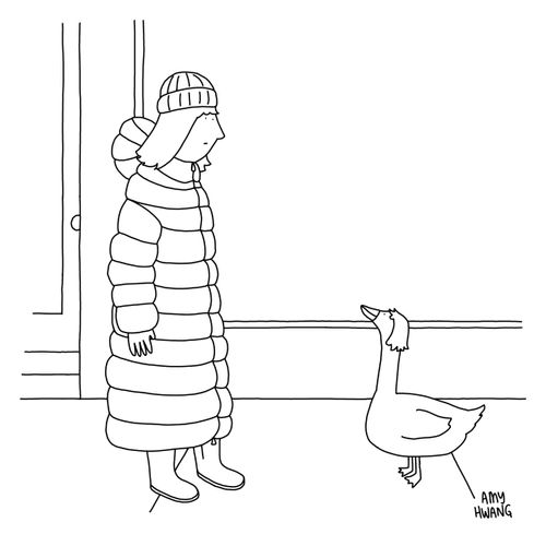 A woman wearing a goose-feather jacket looks down at a goose wearing a human wig.