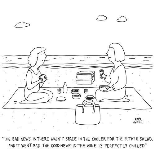"The bad news is there wasn't space in the cooler for the potato salad, and it went bad. The good news is the wine is perfectly chilled."