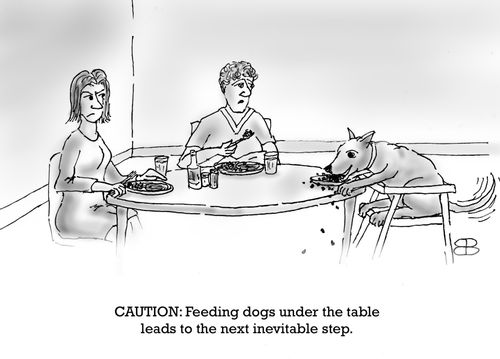 Caution: Feeding the dogs under the table leads to the next inevitable step.