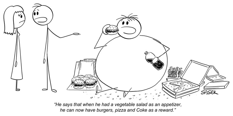 "He says that when he had a vegetable salad as an appetizer, he can now have burgers, pizza and Coke as a reward."