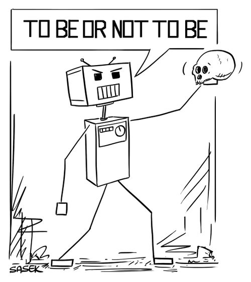 Robotic Prince Hamlet holding a human skull and saying "To be or not to be".