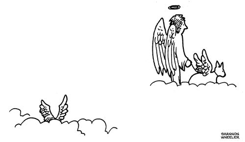 An angel in heaven is walking an angel dog.