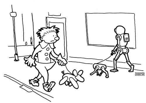Clow with balloon dog walks past robot with robotic dog.