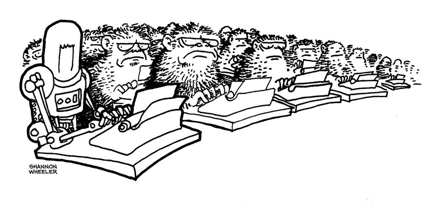 A robot is sat beside rows of hairy men, typing on a type writer.