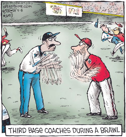 Third base coaches during a brawl