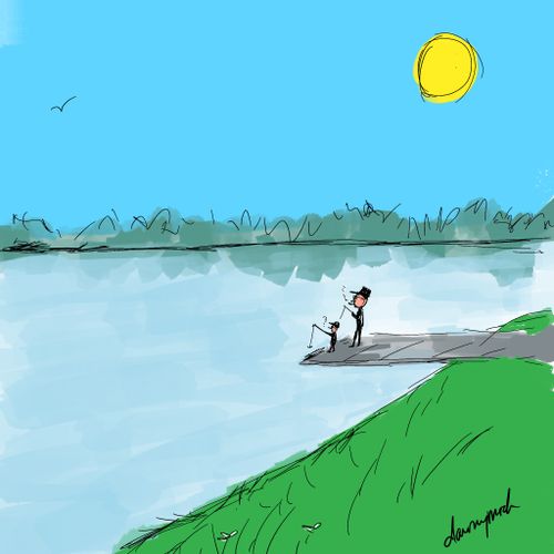 A man and a boy fishing together