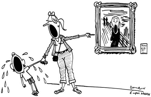 A woman's son is crying at the Scream painting.