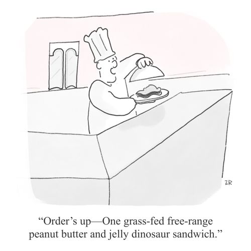 "Order's up -- One grass-fed free-range peanut butter and jelly dinosaur sandwich."