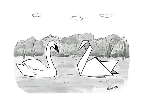 A swan is swimming opposite an origami swan in a pond.