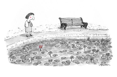 A woman blushes the colour of a hyacinth in a pond.